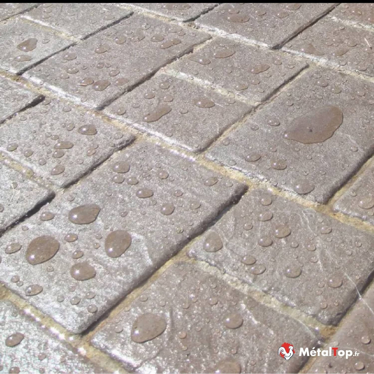 Sol pavé gris recouvert de nombreuses gouttes d'eau après la pluie