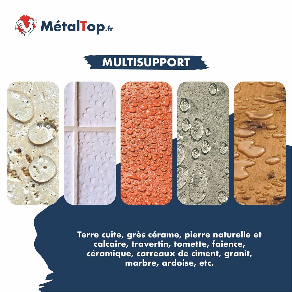 Cinq surfaces (pierre, faïence, terre cuite, béton, granit) recouvertes de gouttes d'eau