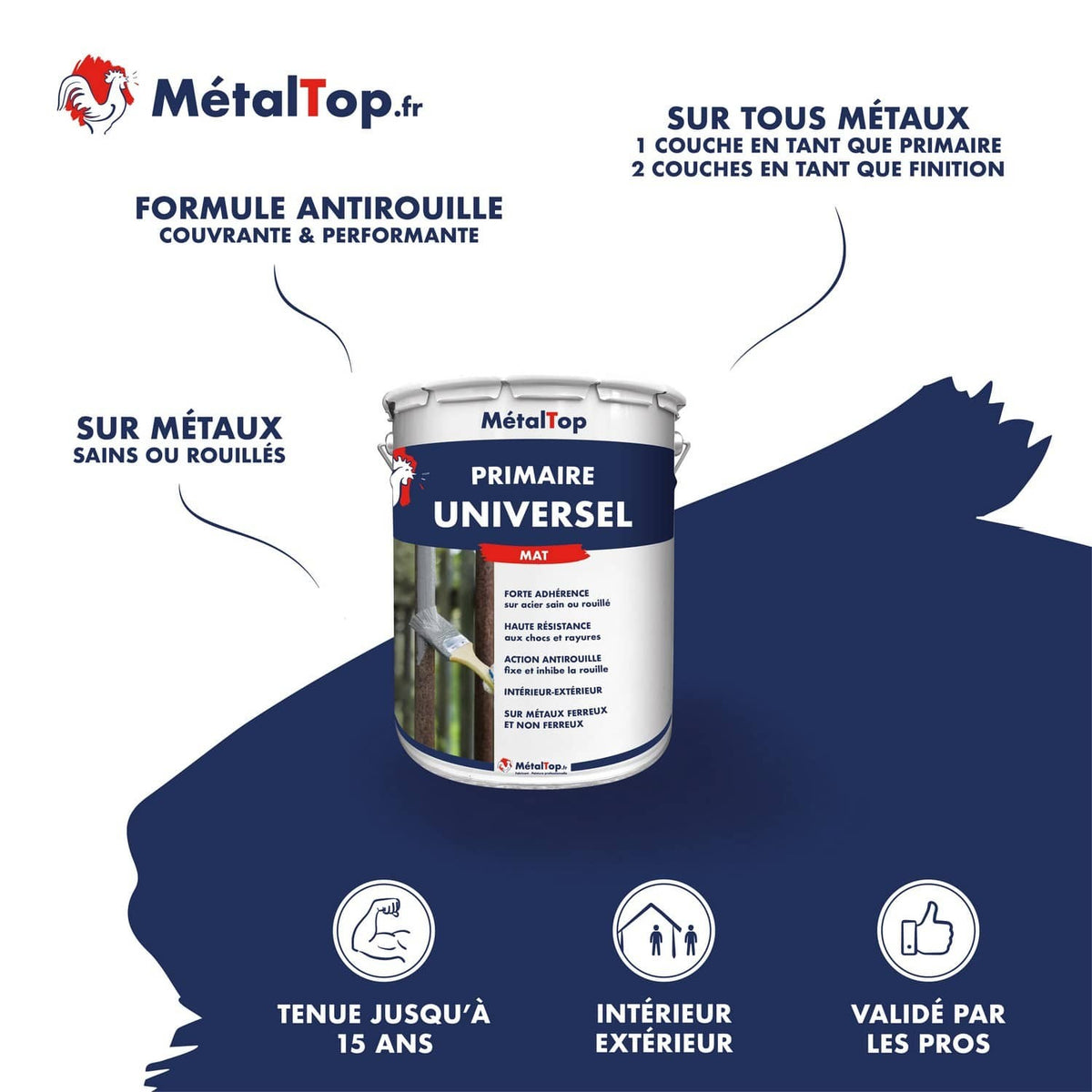 Pot de primaire universel antirouille mat MétalTop sur fond bleu marine