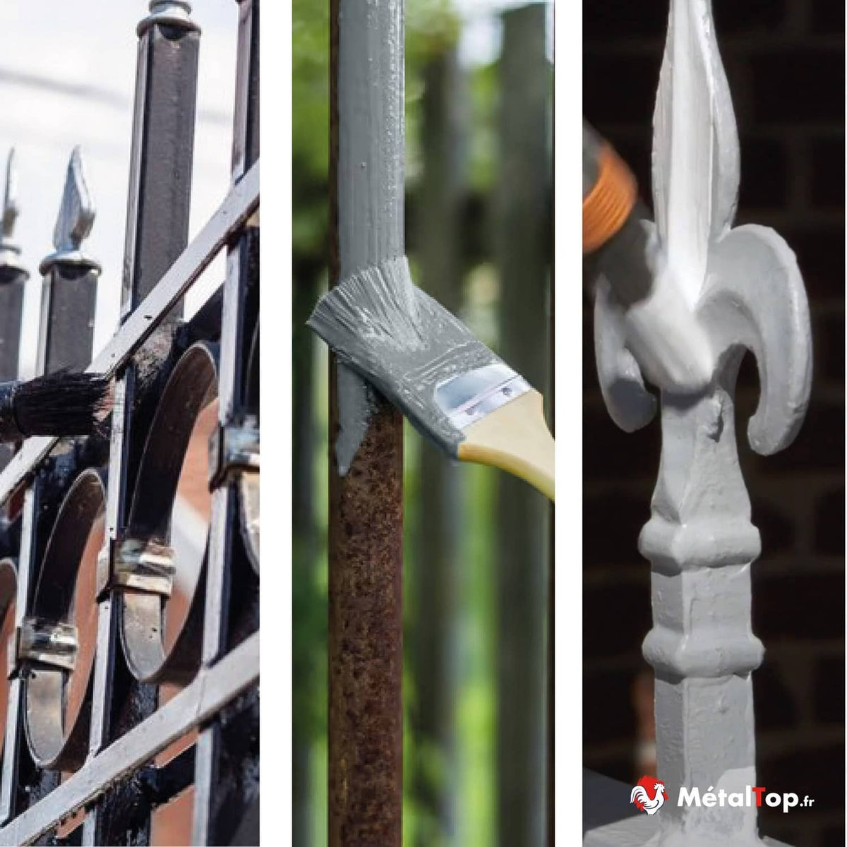 Peinture au pinceau sur une grille et des pointes en fer forgé, avant et après finition