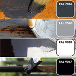 Peinture antirouille appliquée sur métal en quatre teintes RAL 7016, 7040, 9010 et 9017