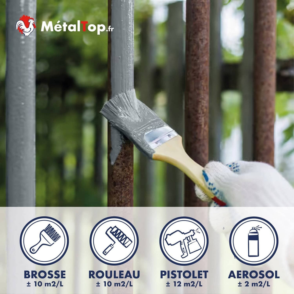 Application de peinture grise à la brosse sur du métal rouillé, avec rendements par outil