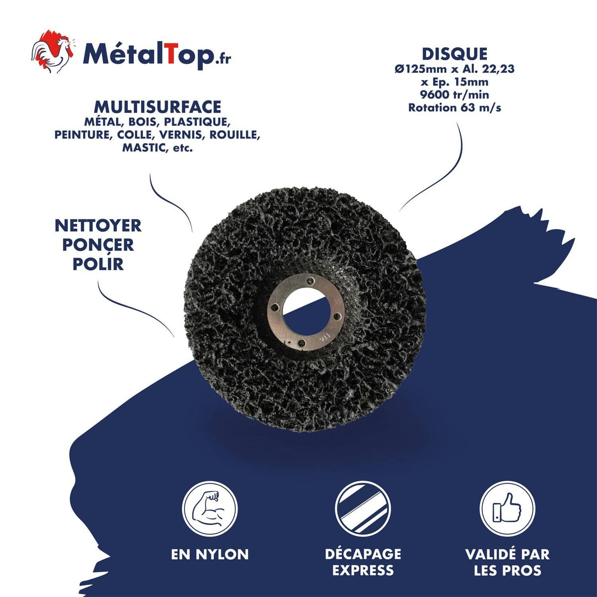 Disque abrasif nylon noir MétalTop 125 mm pour nettoyer, poncer et polir métal, bois, plastique