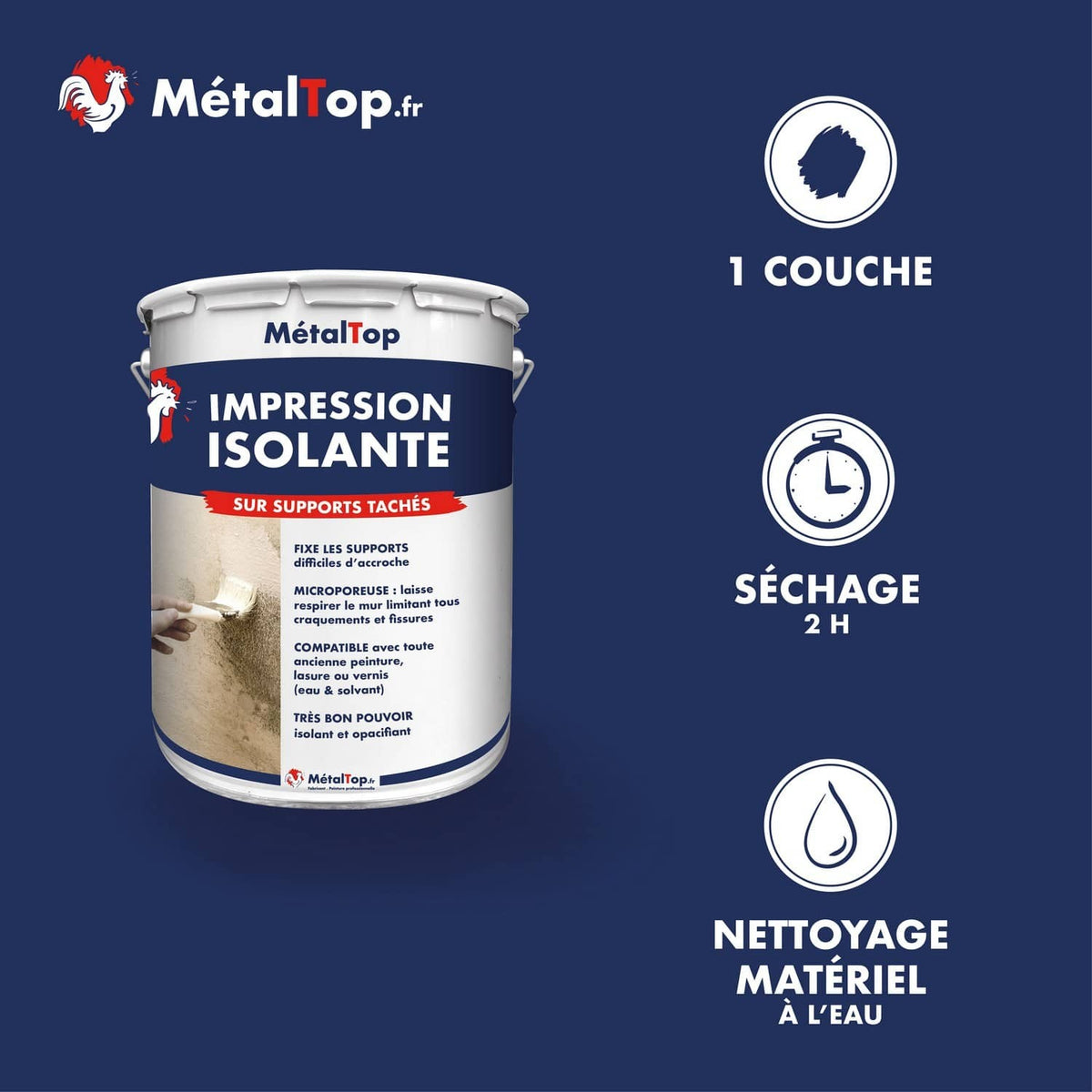 Pot MétalTop Impression isolante pour supports tachés : 1 couche, séchage 2 h, nettoyage à l'eau