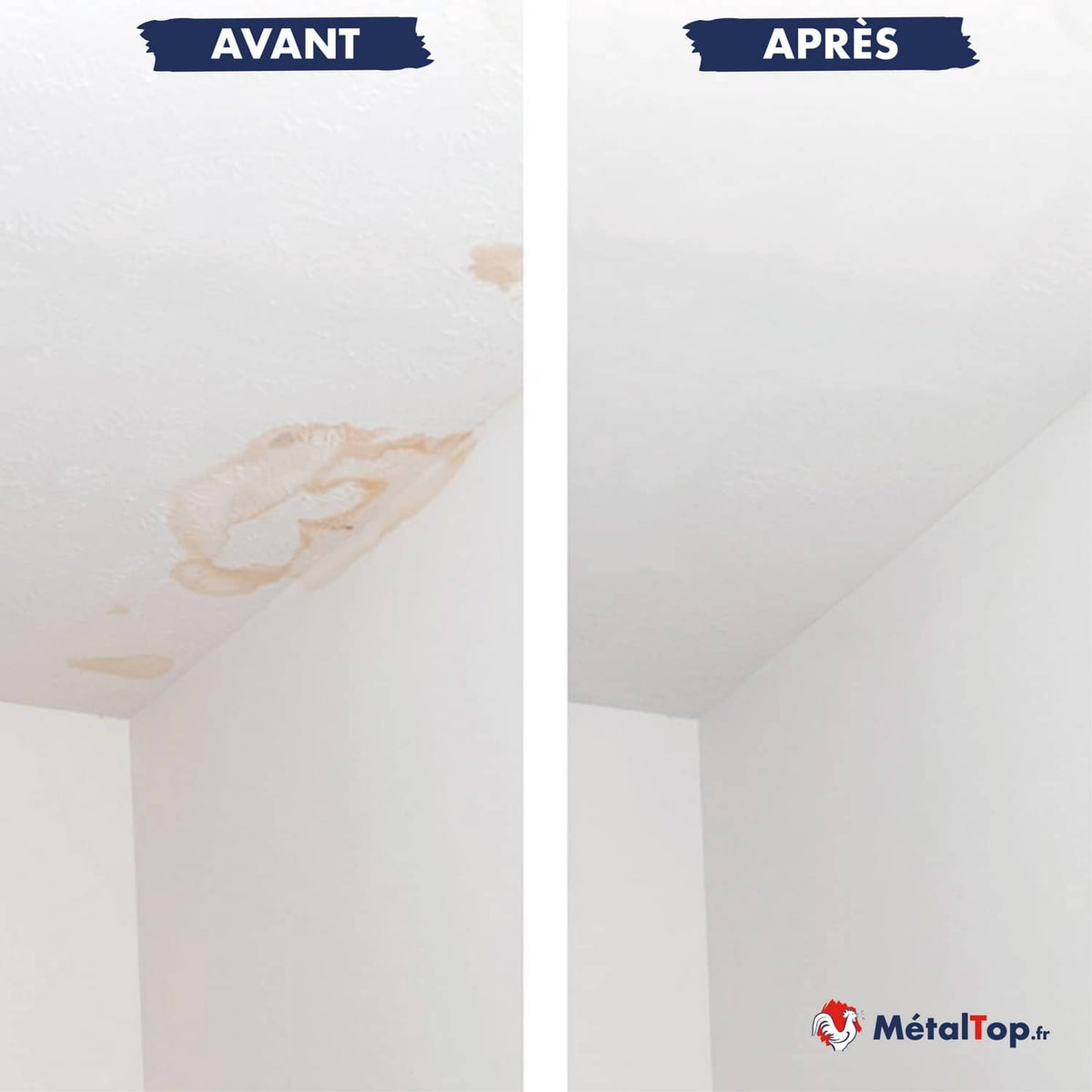 Plafond avec taches d'humidité brunes avant, puis plafond blanc propre après traitement