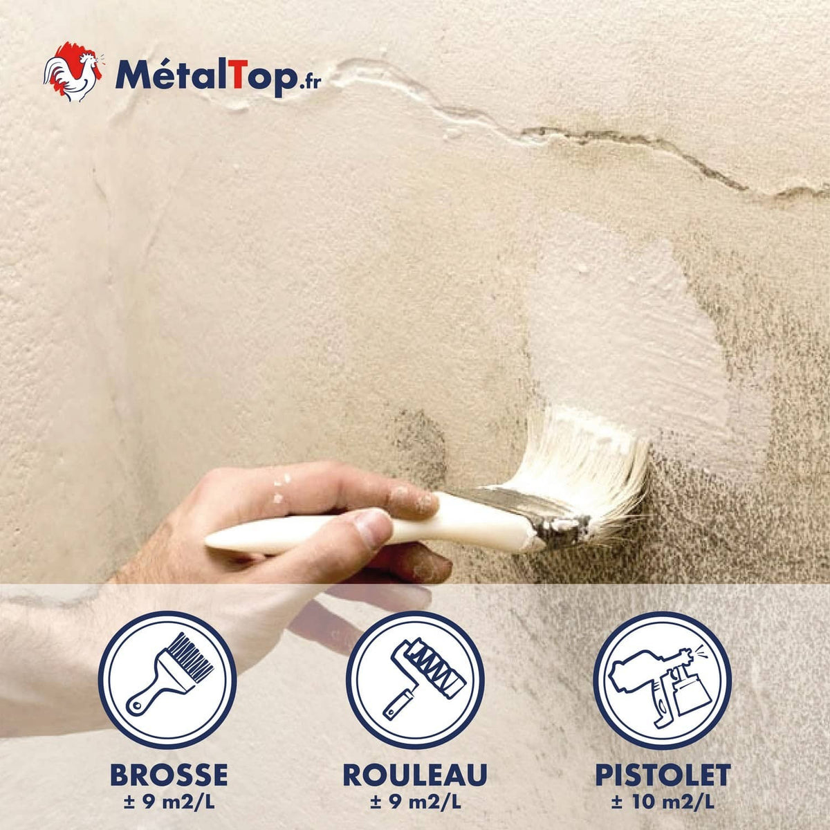 Peinture MétalTop appliquée à la brosse sur un mur, rendements brosse, rouleau et pistolet