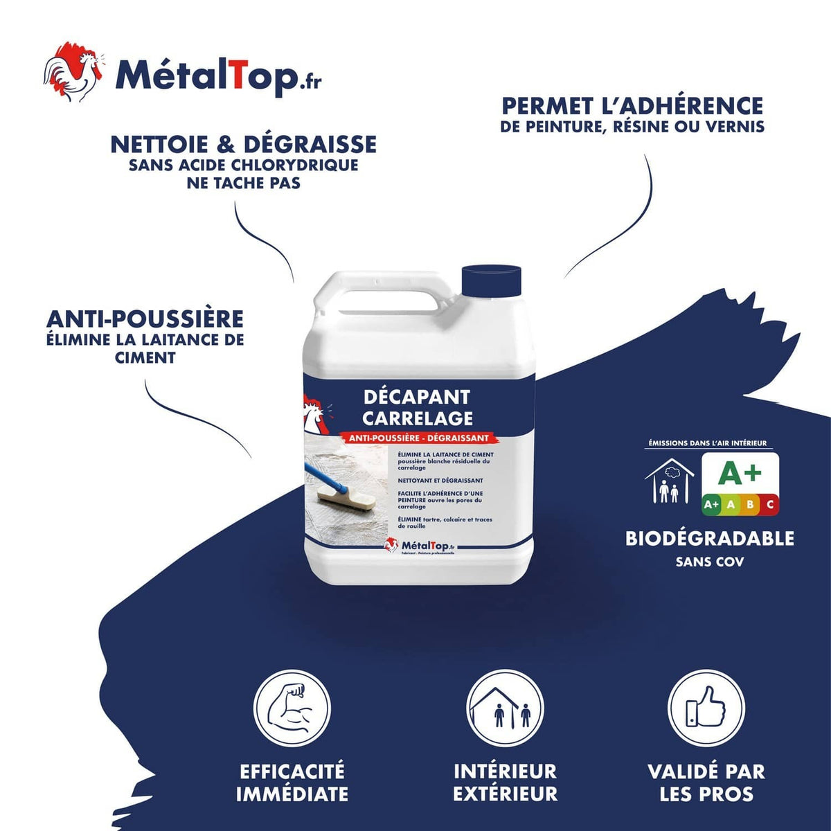 Bidon de décapant carrelage MétalTop, anti-poussière et dégraissant, biodégradable, sans COV