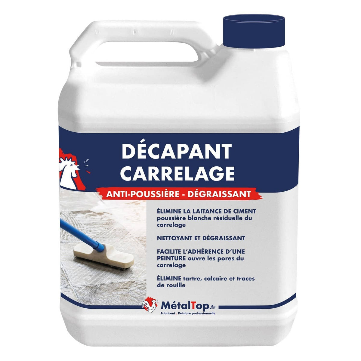 Bidon de décapant carrelage MétalTop anti-poussière et dégraissant, avec balai sur sol carrelé