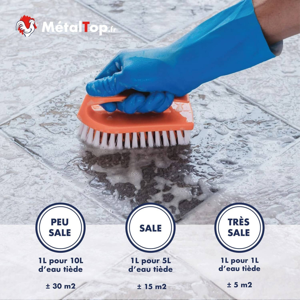 Nettoyage de carrelage avec brosse et produit MétalTop : dosages selon le niveau de saleté