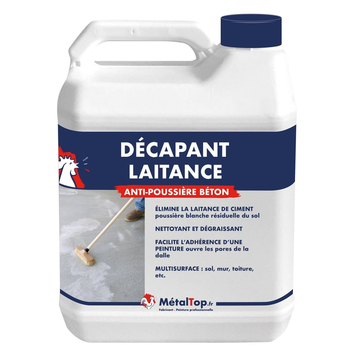 Bidon de Décapant Laitance MétalTop anti-poussière béton, illustration d'un balai sur une dalle
