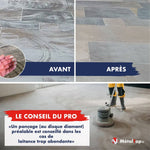 Dalles de pierre grises avant et après ponçage au disque diamant pour retirer la laitance