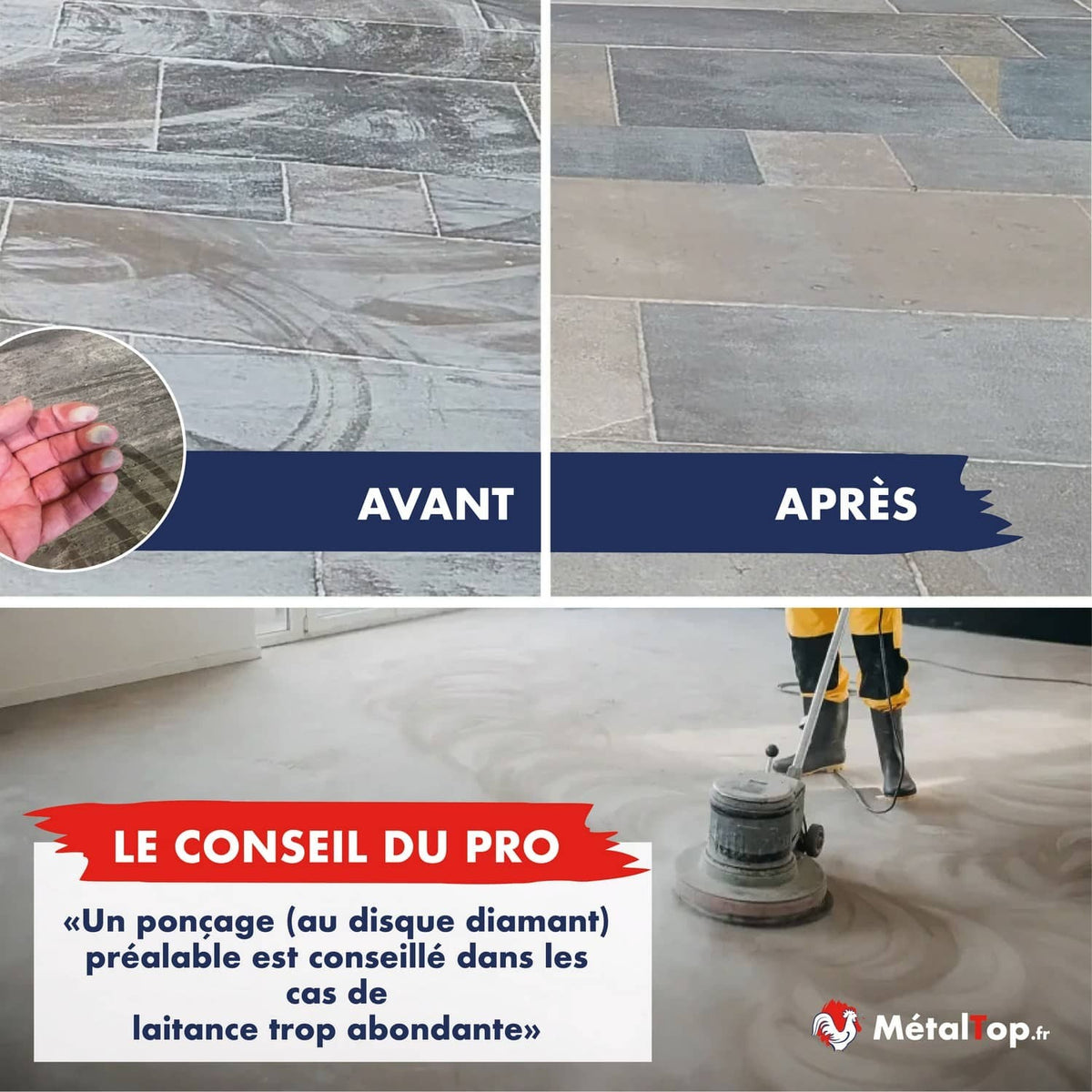 Dalles de pierre grises avant et après ponçage au disque diamant pour retirer la laitance