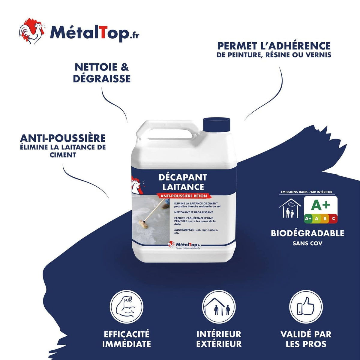 Bidon de décapant laitance MétalTop anti-poussière béton, nettoyant et dégraissant multisurface