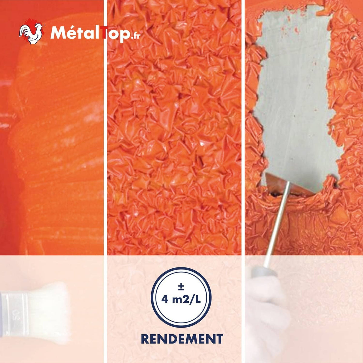 Peinture MétalTop orange : application au pinceau, effet froissé et rendement ±4 m²/L