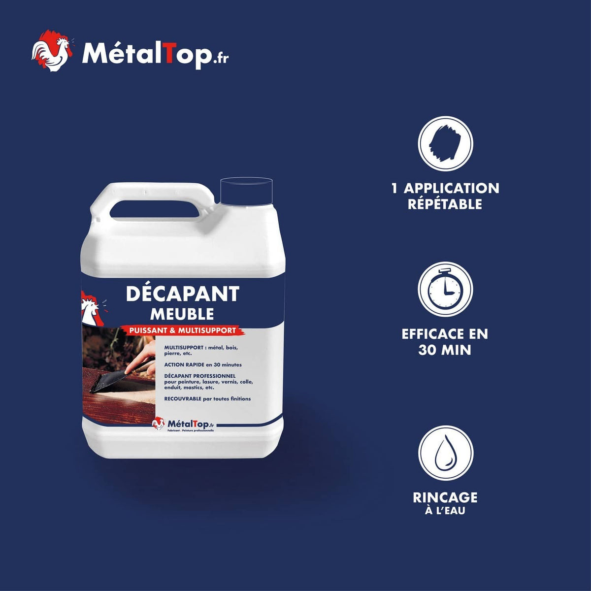 Bidon de décapant meuble MétalTop.fr, puissant et multisupport, pour peinture, vernis et lasure