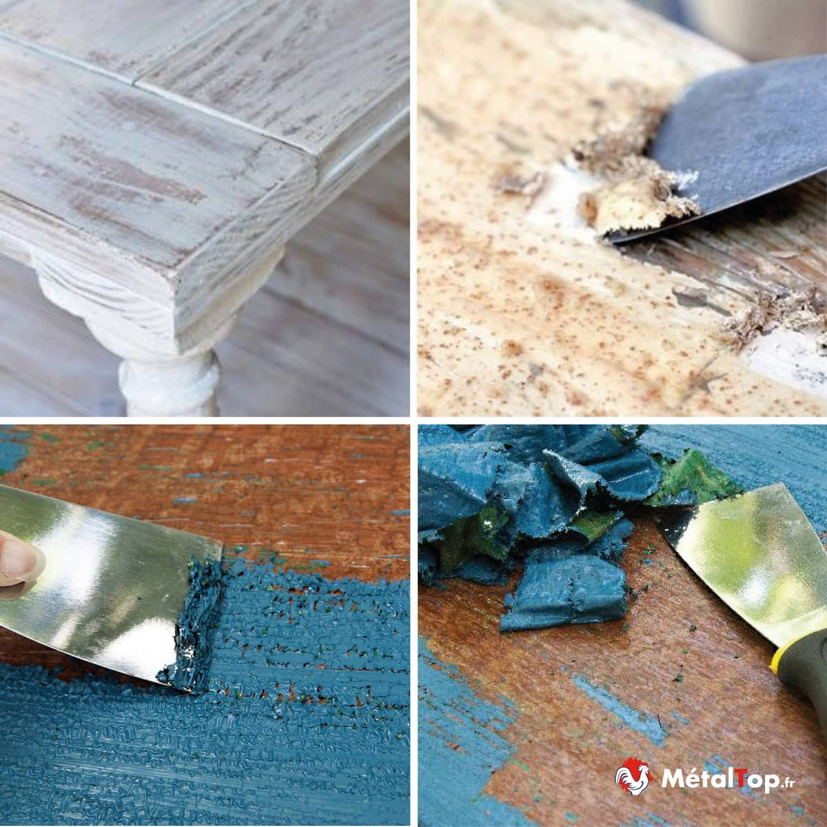 Décapage de peinture sur bois au grattoir : peinture bleue écaillée et meuble patiné blanc