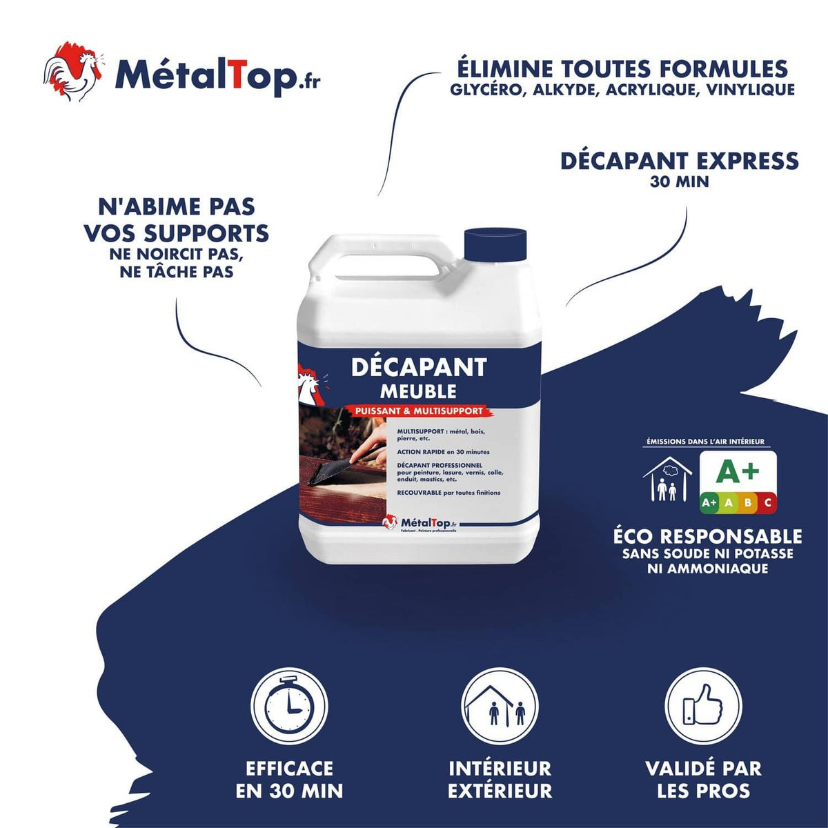 Bidon de décapant meuble MétalTop, décapant multisupport pour peinture, lasure et vernis