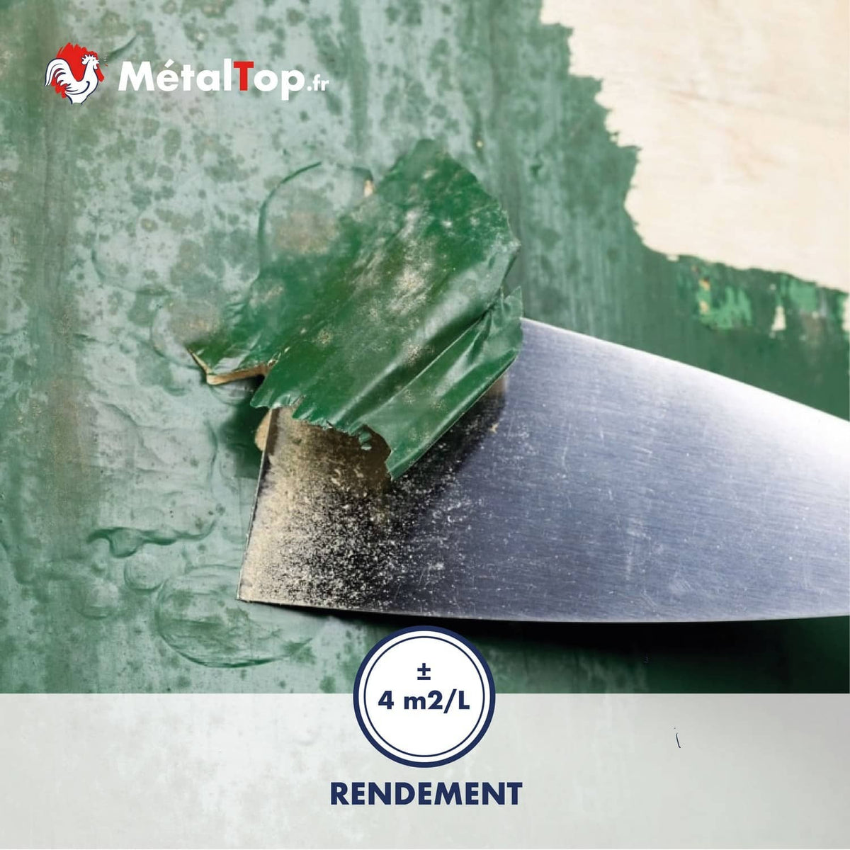 Décapage de peinture verte écaillée sur métal à la spatule, rendement ±4 m²/L