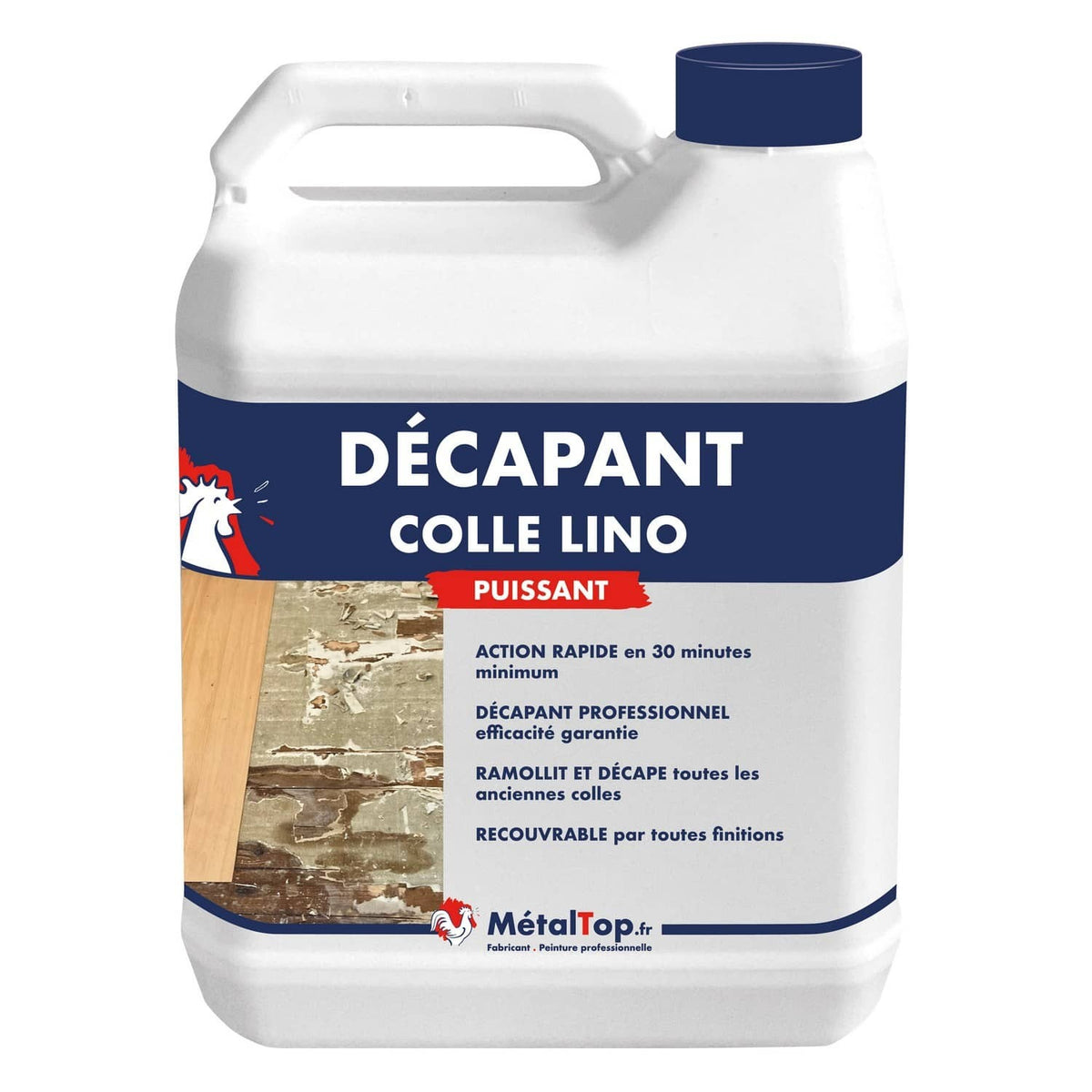 Bidon blanc de décapant colle lino MétalTop, étiquette bleue, pour retirer les anciennes colles