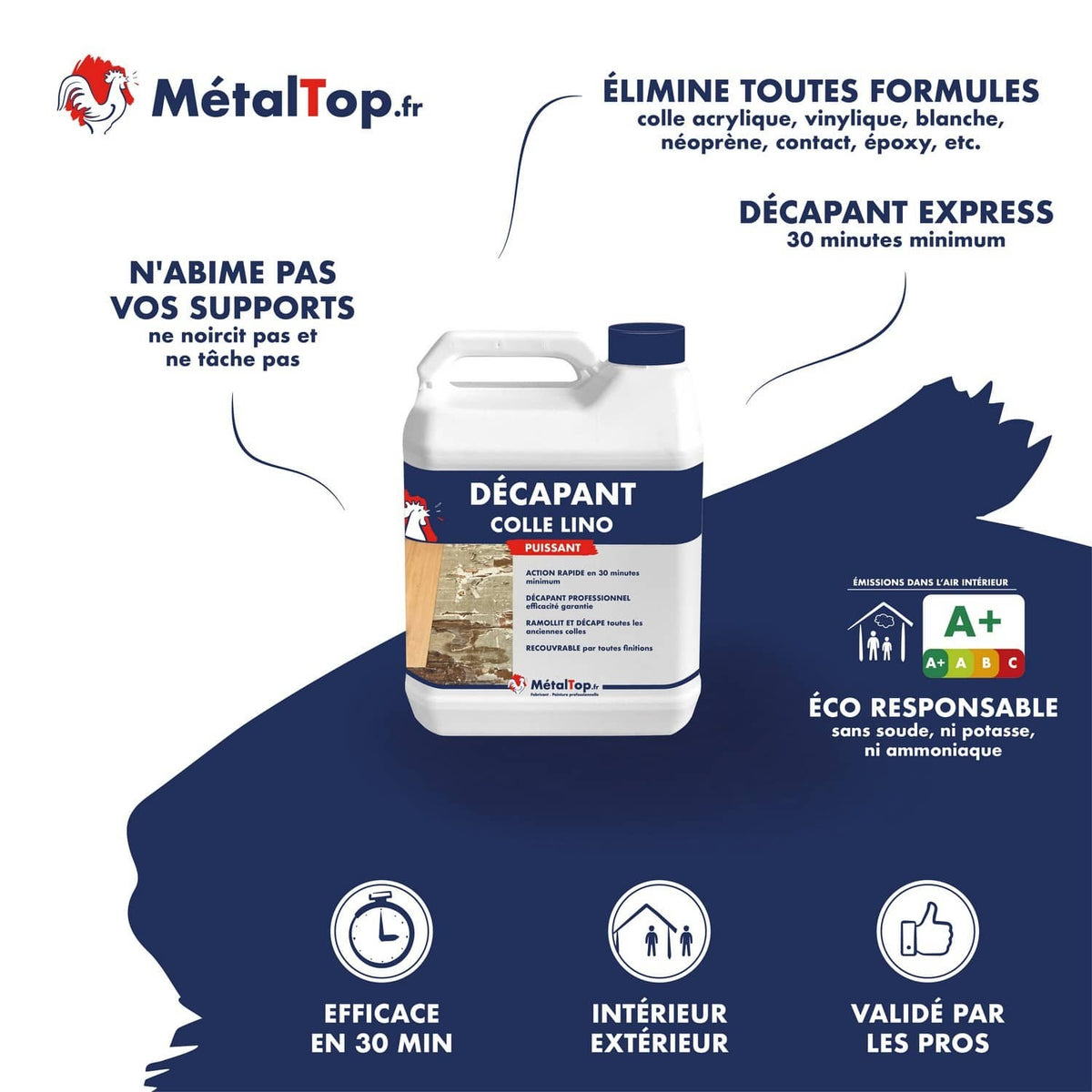 Bidon de décapant colle lino MétalTop, action rapide en 30 minutes, usage intérieur et extérieur