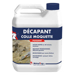 Bidon blanc de décapant colle moquette MétalTop, étiquette bleue et rouge, mention Puissant