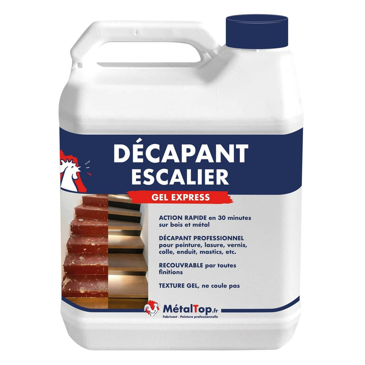 Bidon de décapant escalier Gel Express MétalTop, escalier avant et après décapage