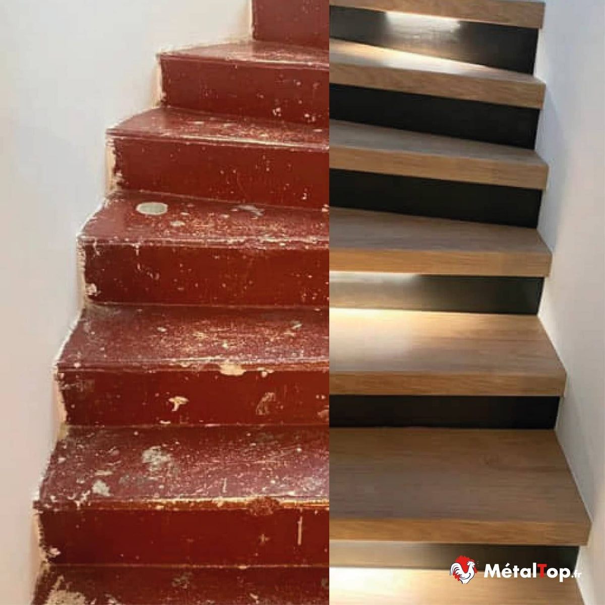 Escalier rénové : marches rouges écaillées avant, marches bois clair et contremarches noires après
