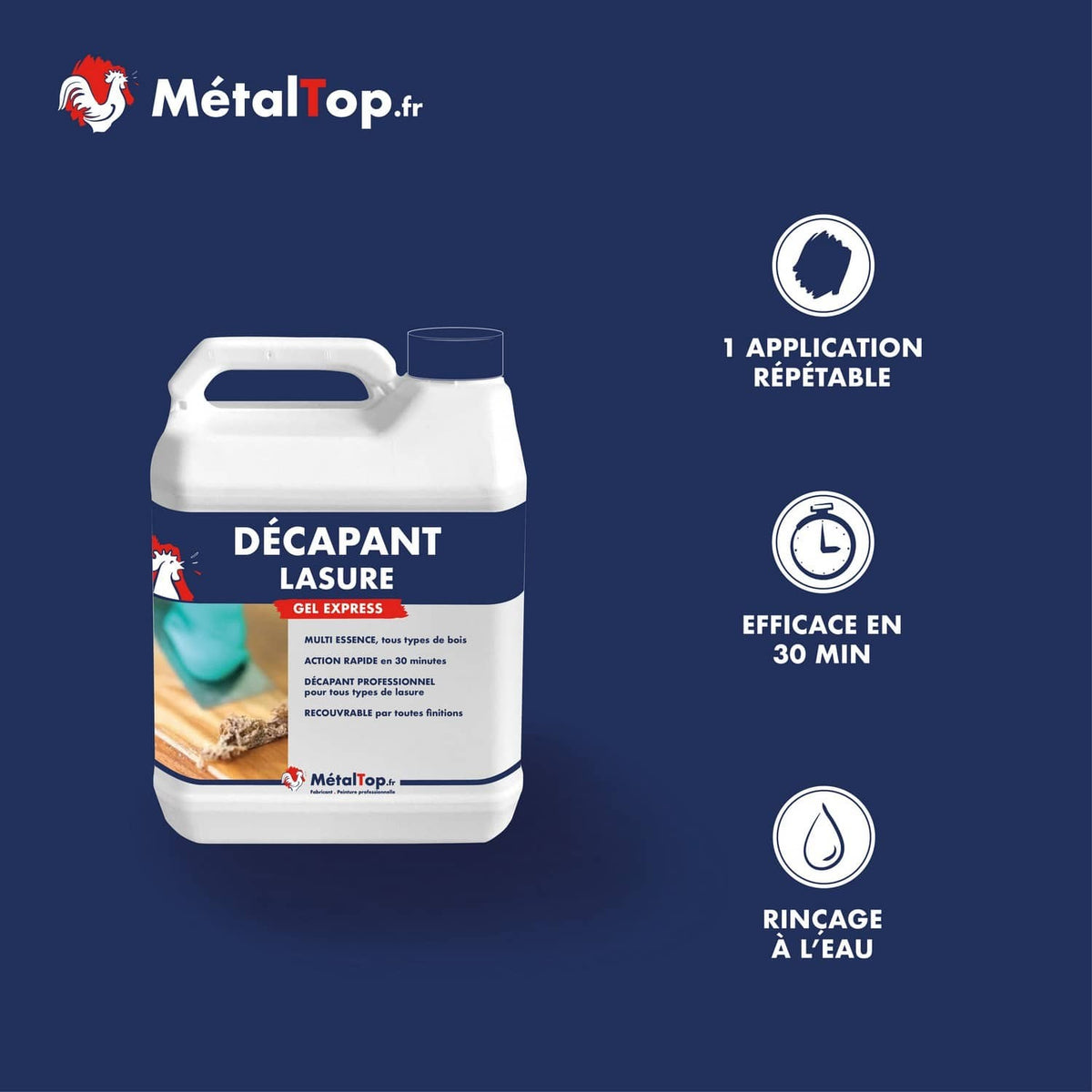 Bidon de décapant lasure MétalTop Gel Express, multi-essences, efficace en 30 min, rinçage à l'eau