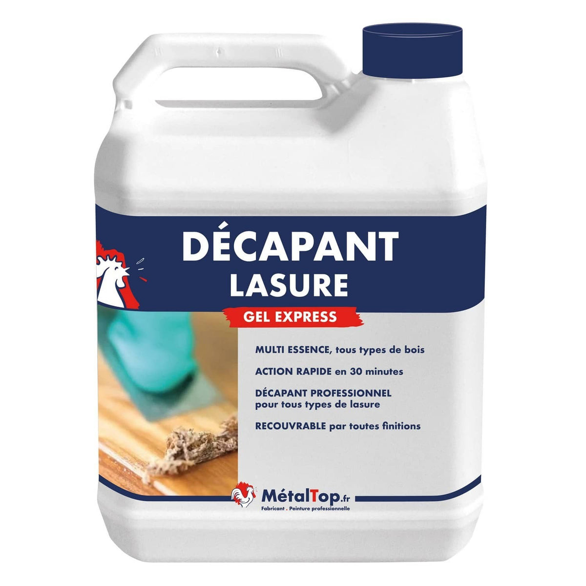 Bidon de décapant lasure Gel Express MétalTop, utilisé à la spatule sur bois clair