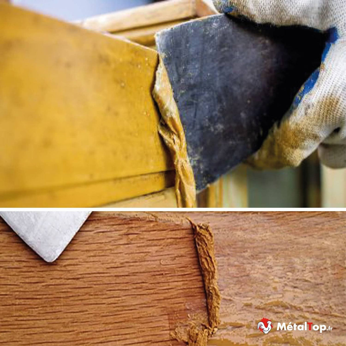 Grattage de vernis ou peinture écaillée sur bois à l'aide d'une spatule