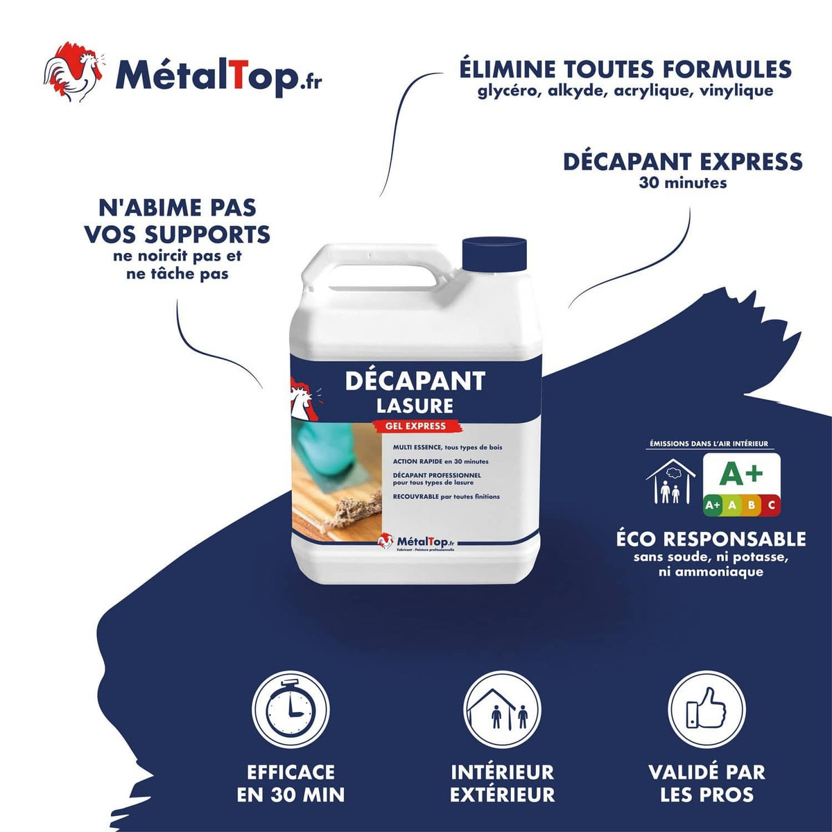 Bidon de décapant lasure MétalTop Gel Express, action rapide en 30 minutes sur tous types de bois