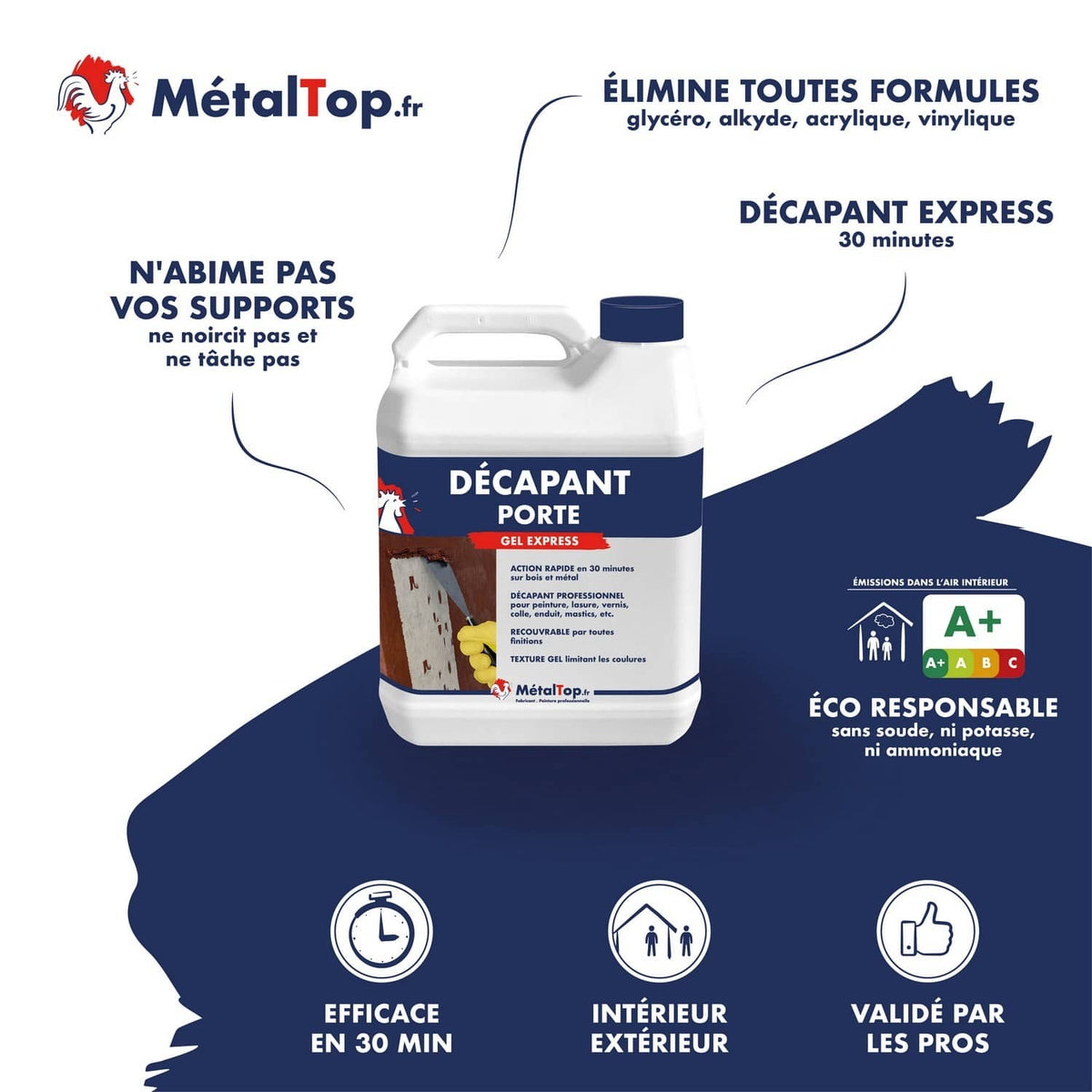 Bidon de décapant porte gel express MétalTop, blanc à bandeau bleu, action en 30 minutes