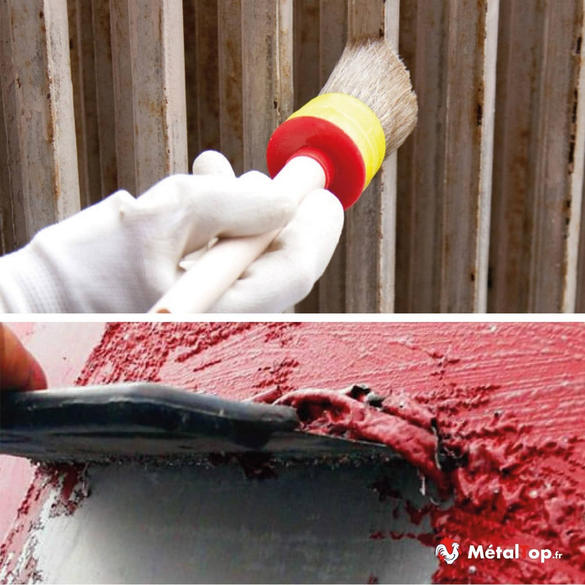 Application d'antirouille au pinceau sur tôle ondulée rouillée et enduit rouge à la spatule