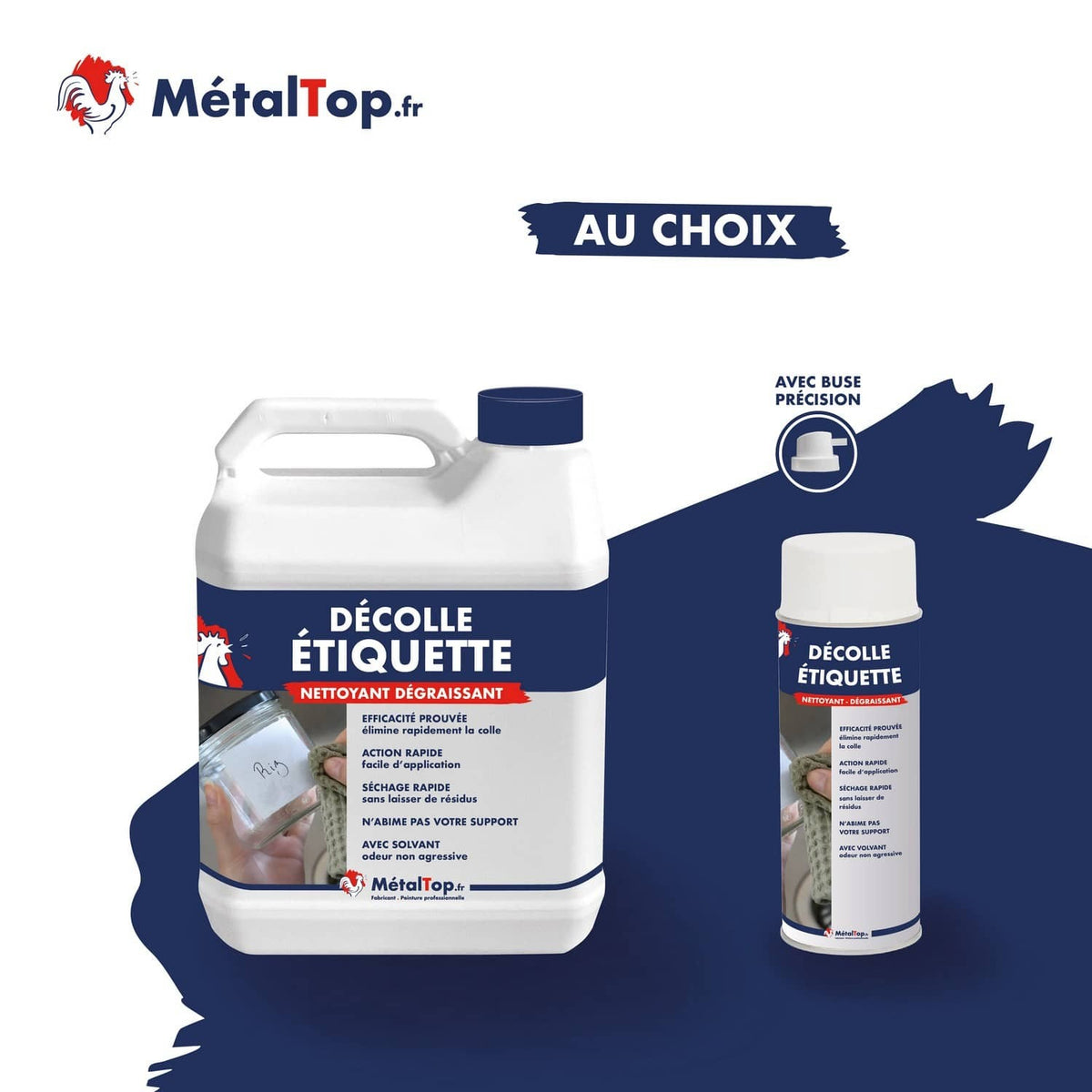 Décolle étiquette MétalTop : bidon et spray nettoyant dégraissant avec buse précision