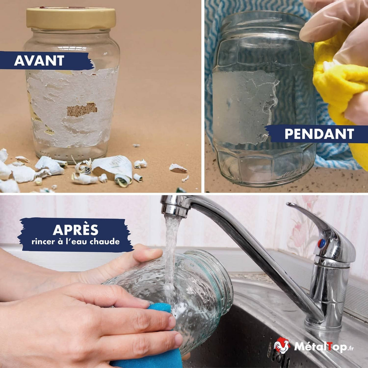 Pot en verre : étiquette retirée avant, pendant et après rinçage à l'eau chaude