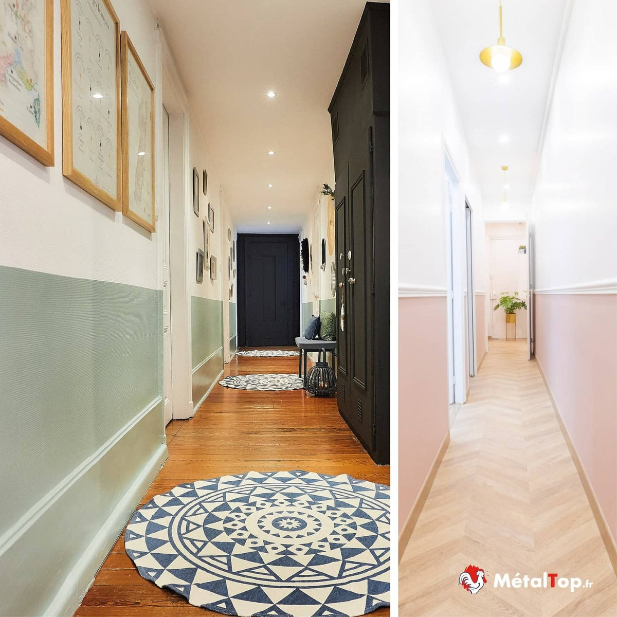 Couloir à soubassement vert sauge et tapis bleu, comparé à un couloir rose au parquet en chevron