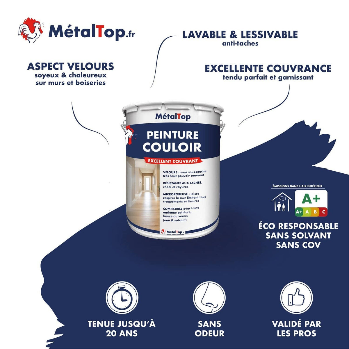 Pot de peinture MétalTop « Peinture Couloir » aux finitions velours, lavable et sans solvant