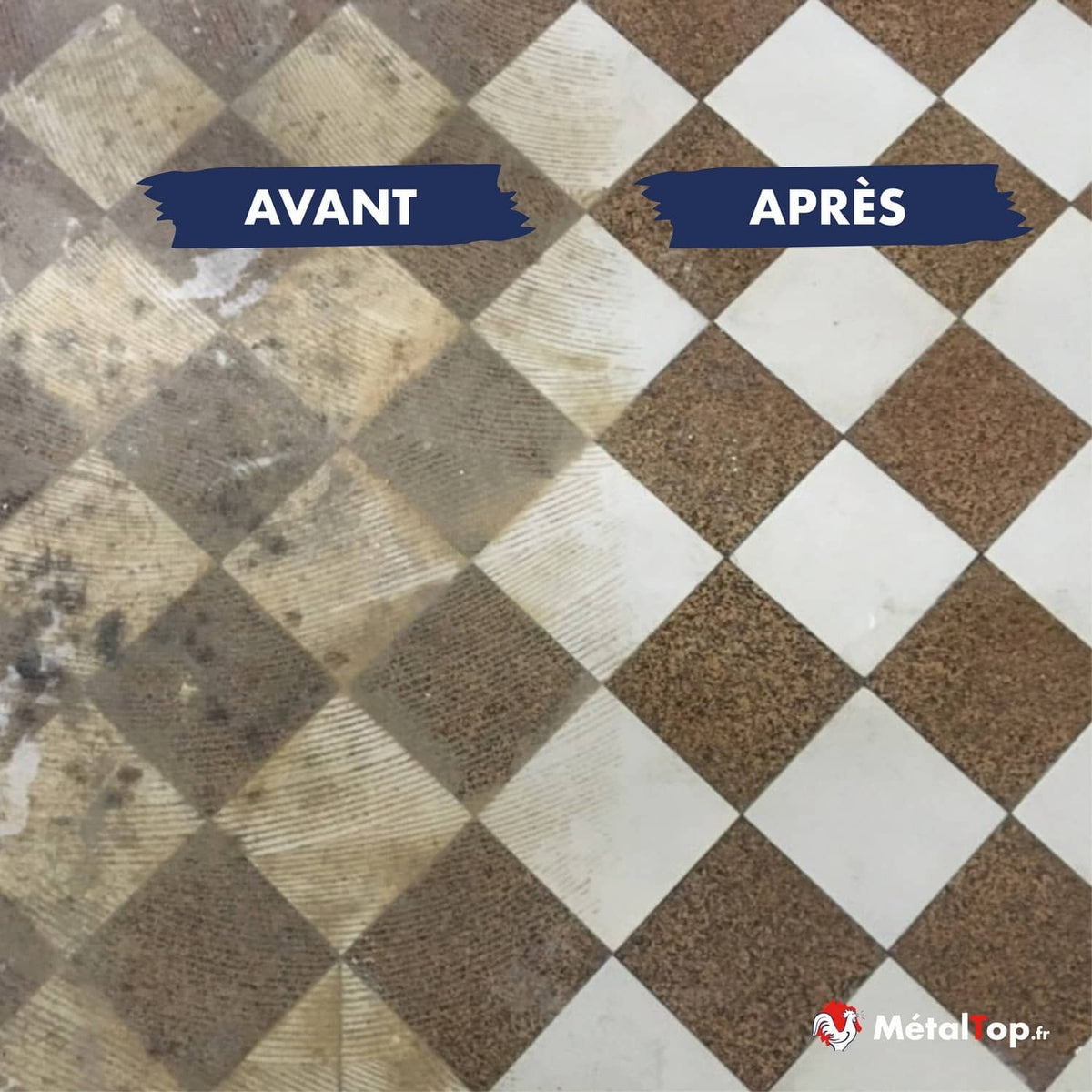 Carrelage damier avant/après nettoyage : carreaux ternes et encrassés à gauche, éclatants à droite