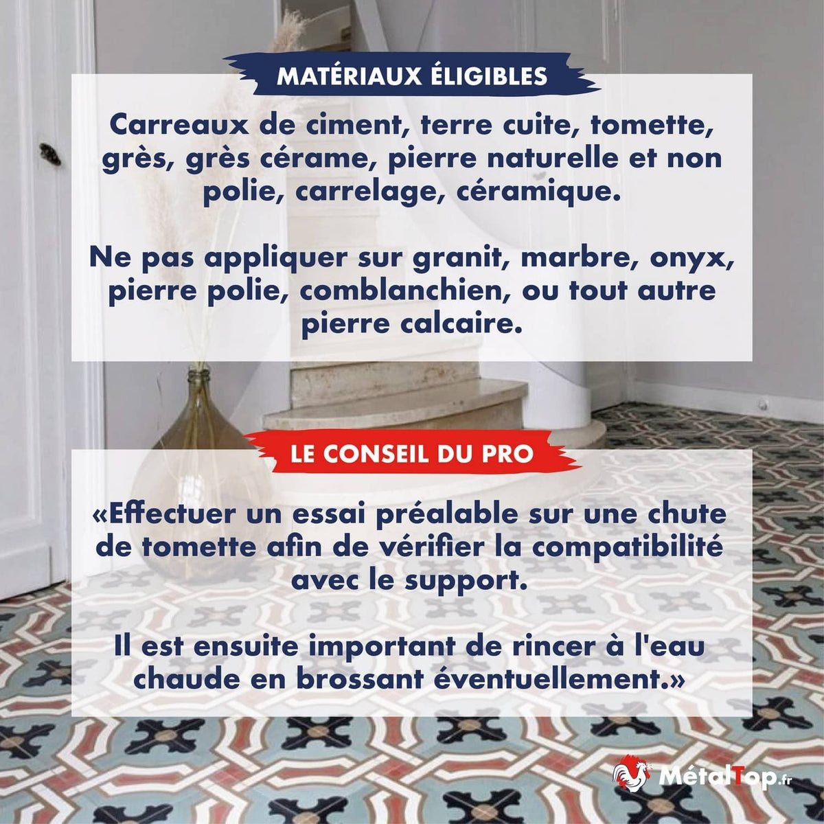 Carreaux de ciment à motifs géométriques et escalier en pierre, avec conseils sur les matériaux