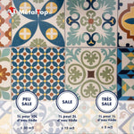Carreaux de ciment à motifs colorés et tableau de dilution MétalTop selon le niveau de salissure