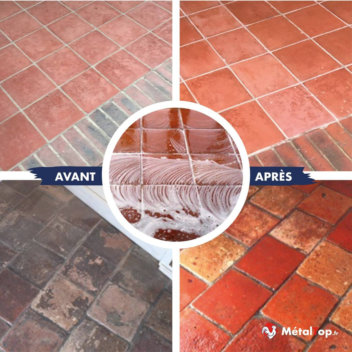 Carrelage en terre cuite avant et après nettoyage, avec application de produit moussant