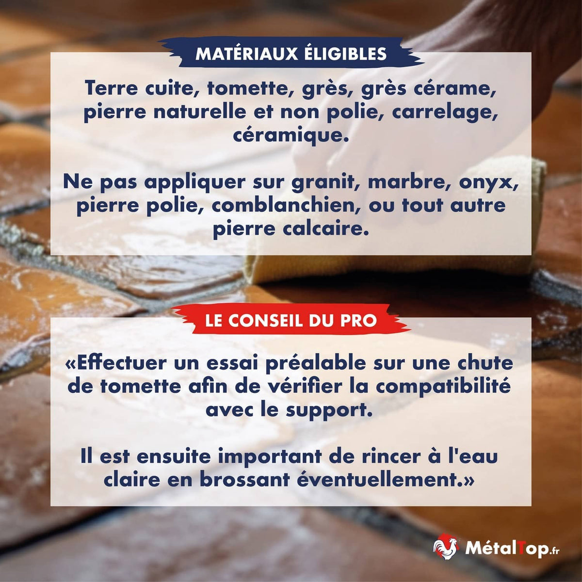 Nettoyage d'un carrelage en terre cuite au chiffon, avec liste des matériaux éligibles