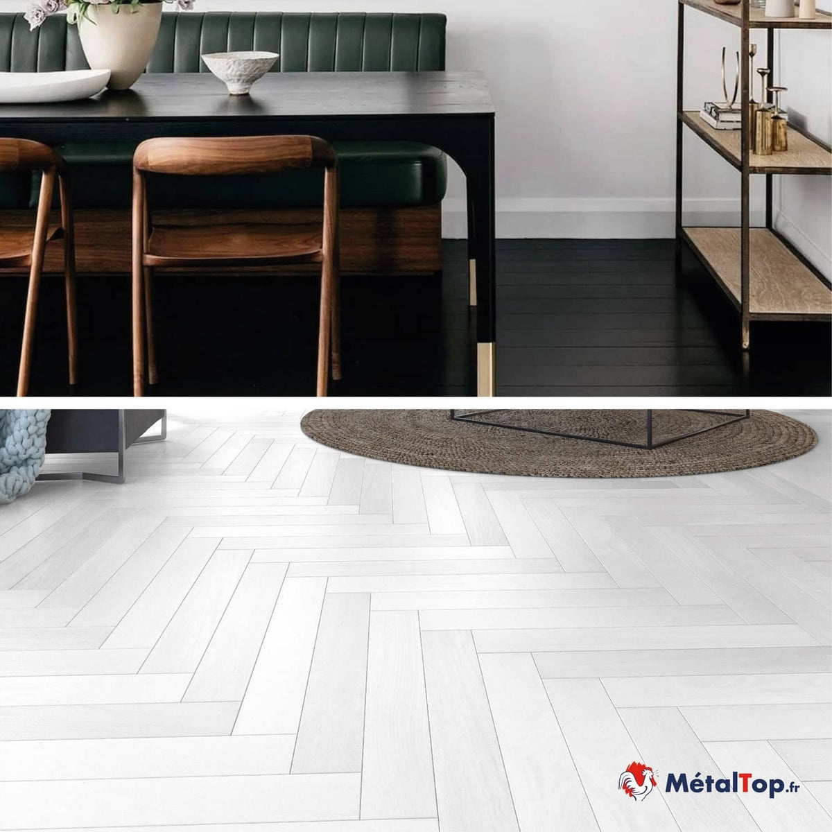 Sol en parquet blanc à chevrons, tapis rond, table noire et chaises en bois