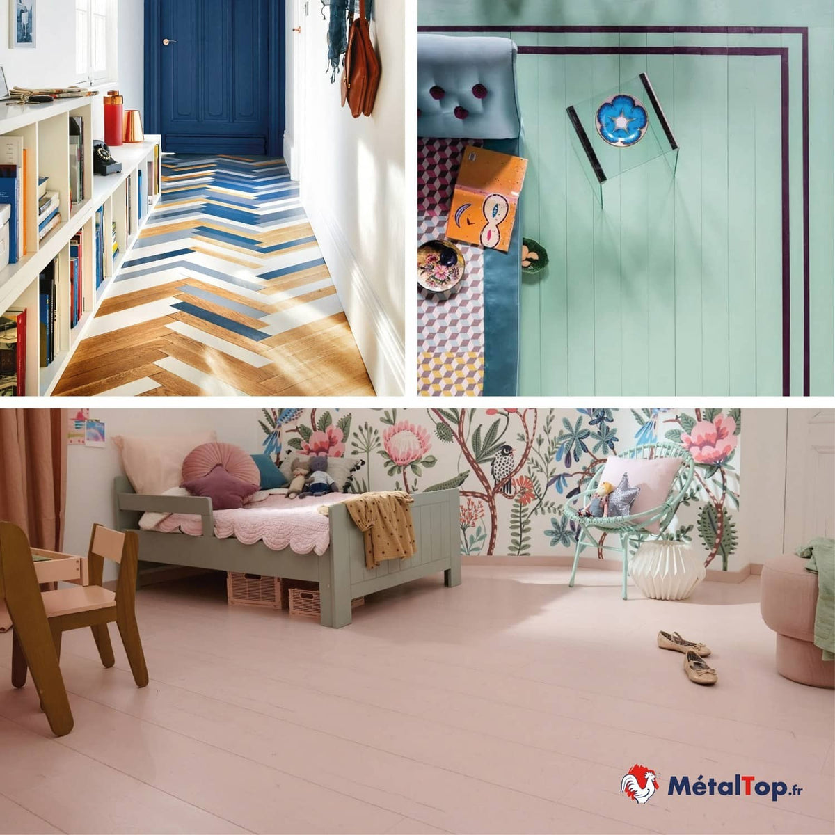 Sols colorés : parquet à chevrons bleus et blanc, sol rose dans une chambre d'enfant avec lit gris