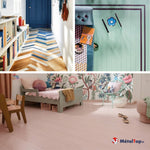 Sols colorés : parquet à chevrons bleus et blanc, sol rose dans une chambre d'enfant avec lit gris
