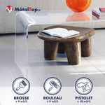 Rendements MétalTop selon l'application : brosse ±9 m²/L, rouleau ±9 m²/L, pistolet ±10 m²/L
