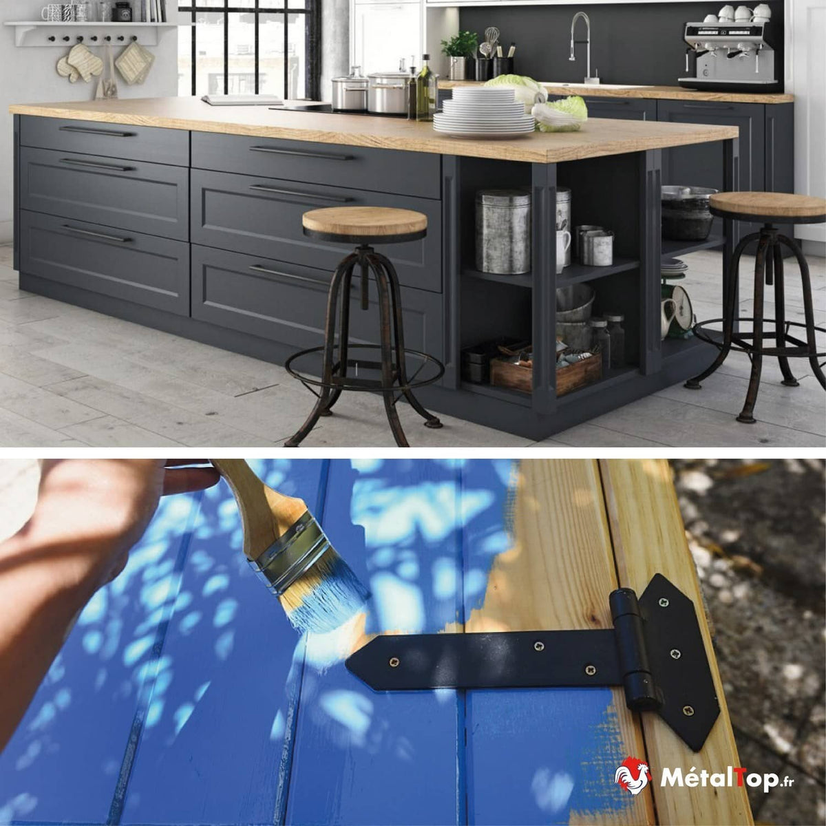 Îlot de cuisine anthracite au plan de travail en bois; porte en bois peinte en bleu