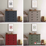 Commode 4 tiroirs en quatre coloris : bleu, taupe, rouge et vert sauge, plateau bois