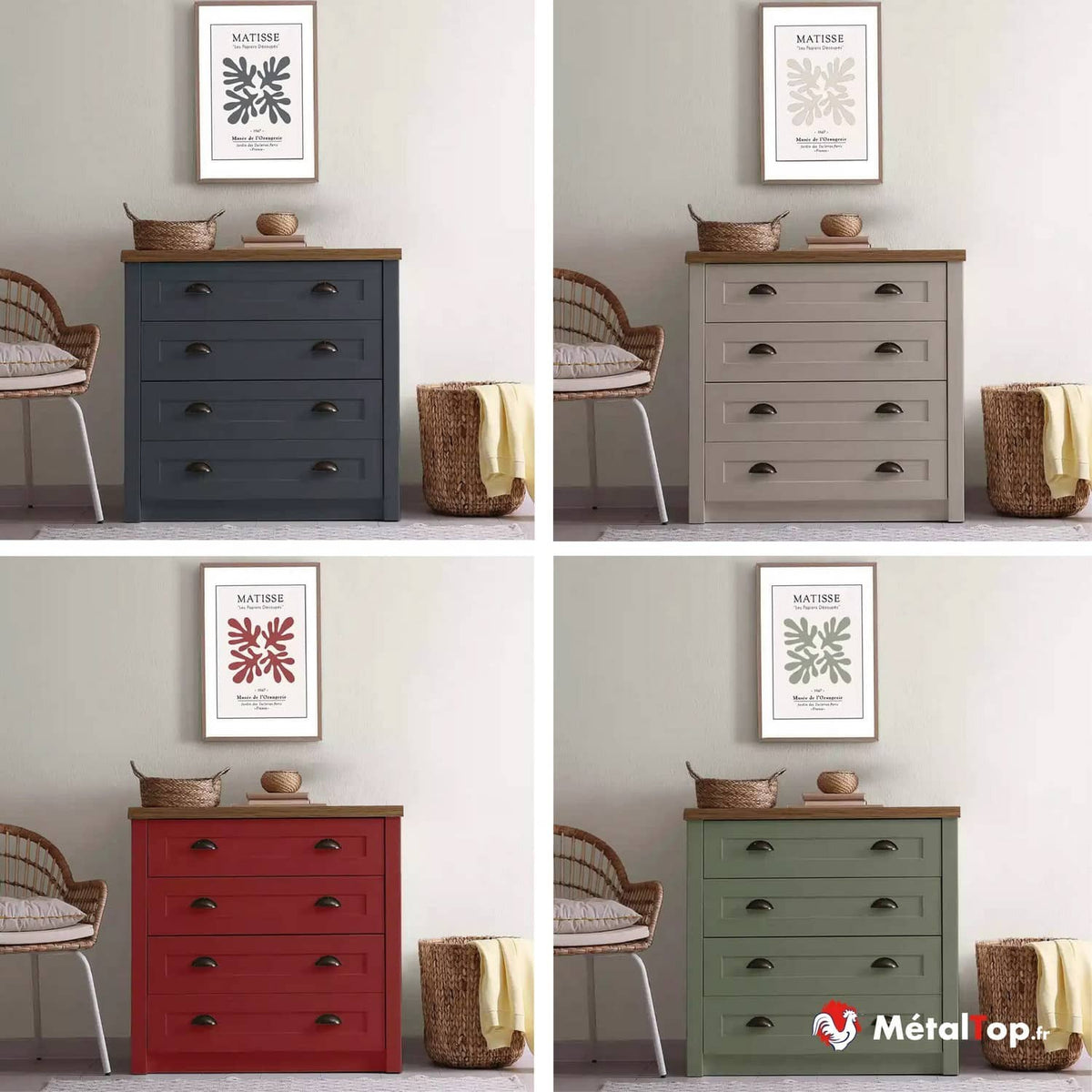 Commode 4 tiroirs en quatre coloris : bleu, taupe, rouge et vert sauge, plateau bois