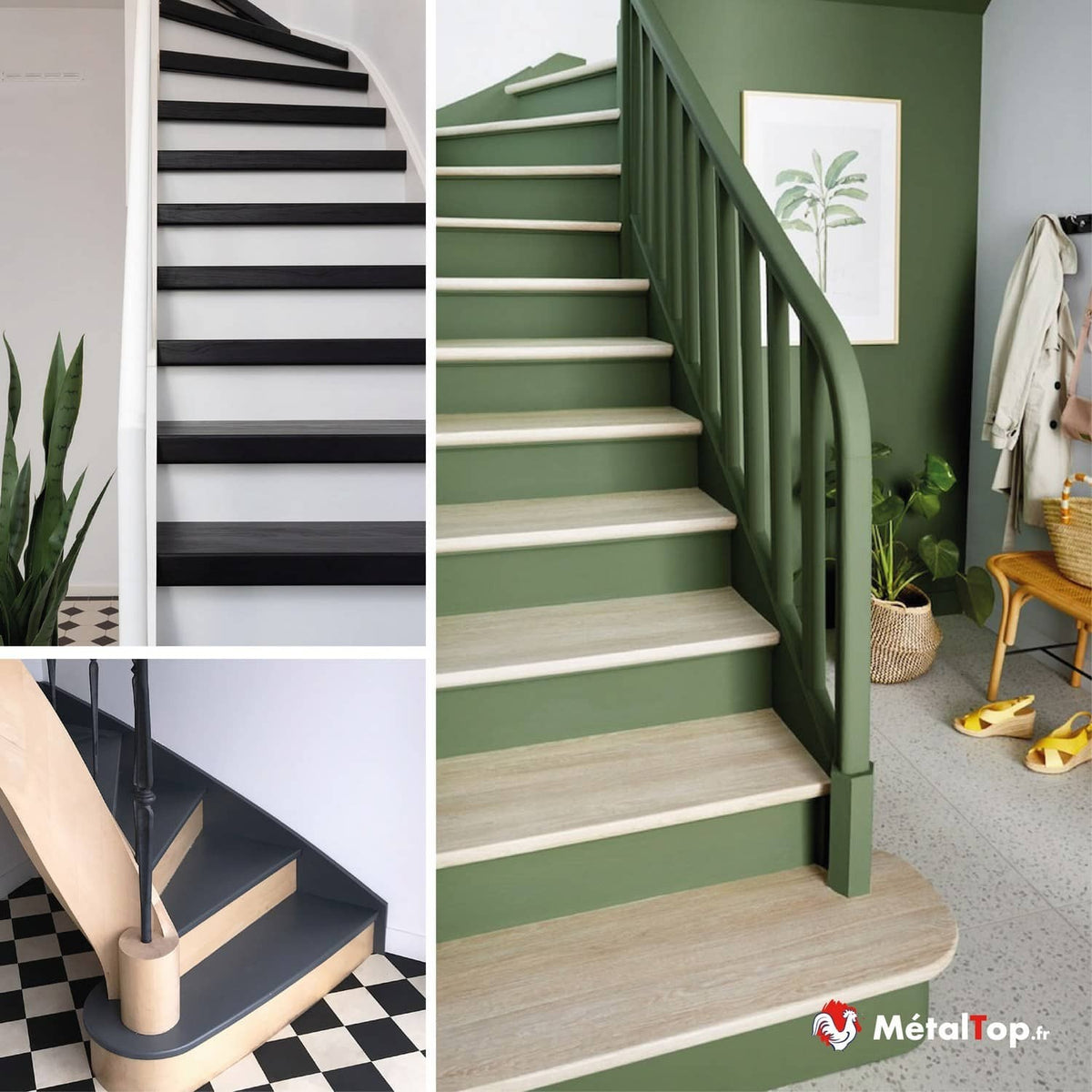 Escaliers peints en noir, gris anthracite et vert sauge avec marches en bois clair